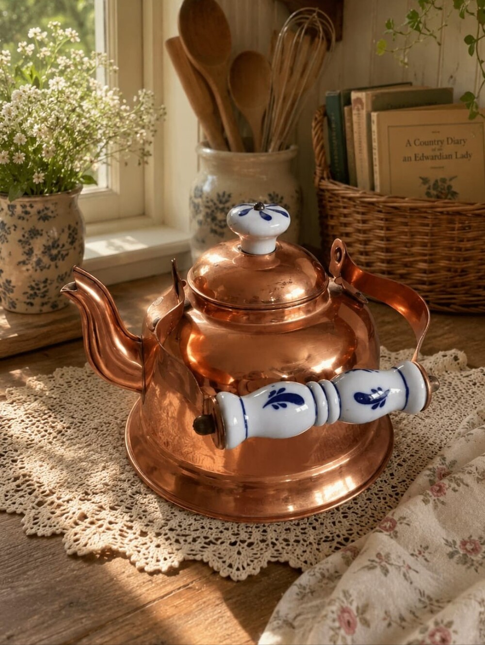 Vintage Copper Teapot with White Blue Porcelain Handle - Elegant Kitchen Kettle